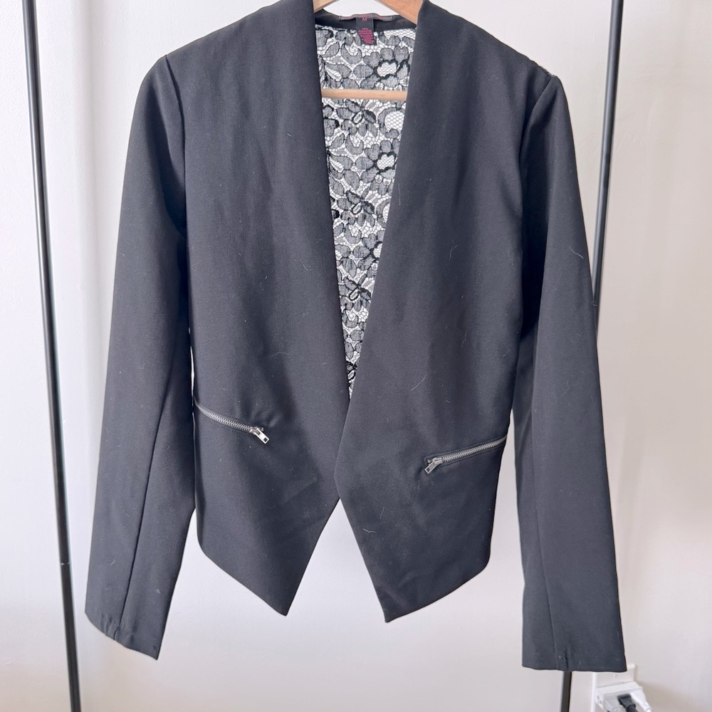 Material Girl Black Lace Back Blazer with Silver Zipper – Size M